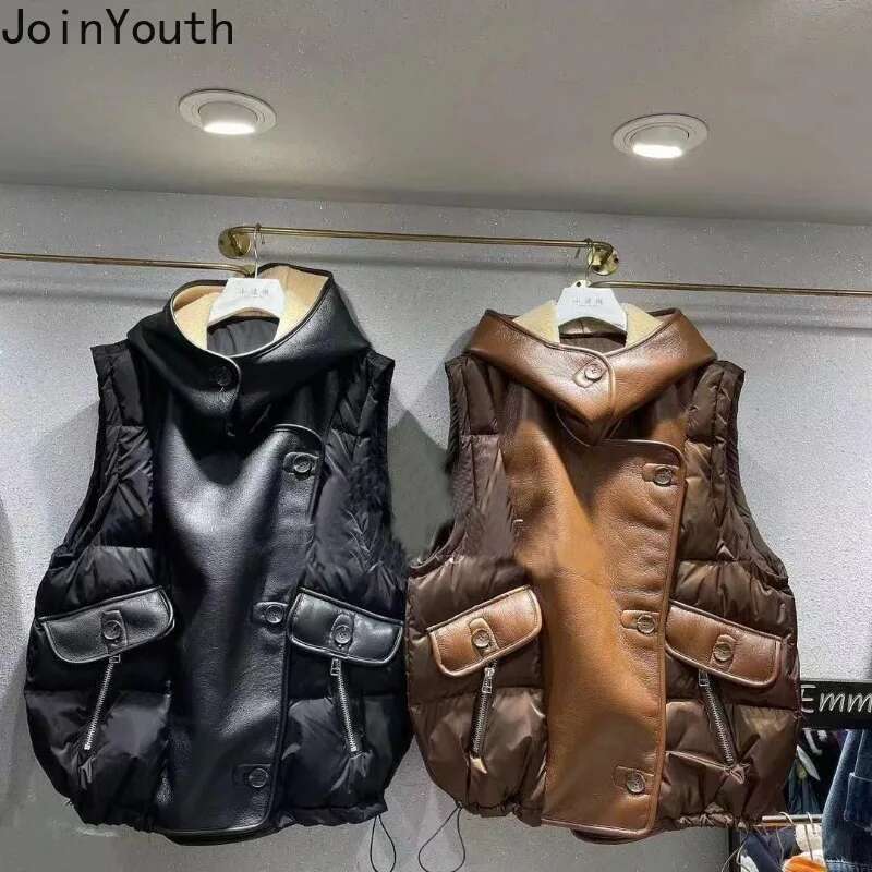 Vest Women Streetwear Fashion Sleeveless Cardigan Womens Lamb Wool Patchwork Leather Waistcoat Y2k Tops Chalecos Para Mujer