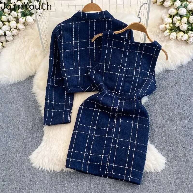 Two Piece Sets Womens Outifits Temperament Dress Suit Turndown Collar Long Sleeve Crop Jackets Tunic Tweed Plaid Dresses Set