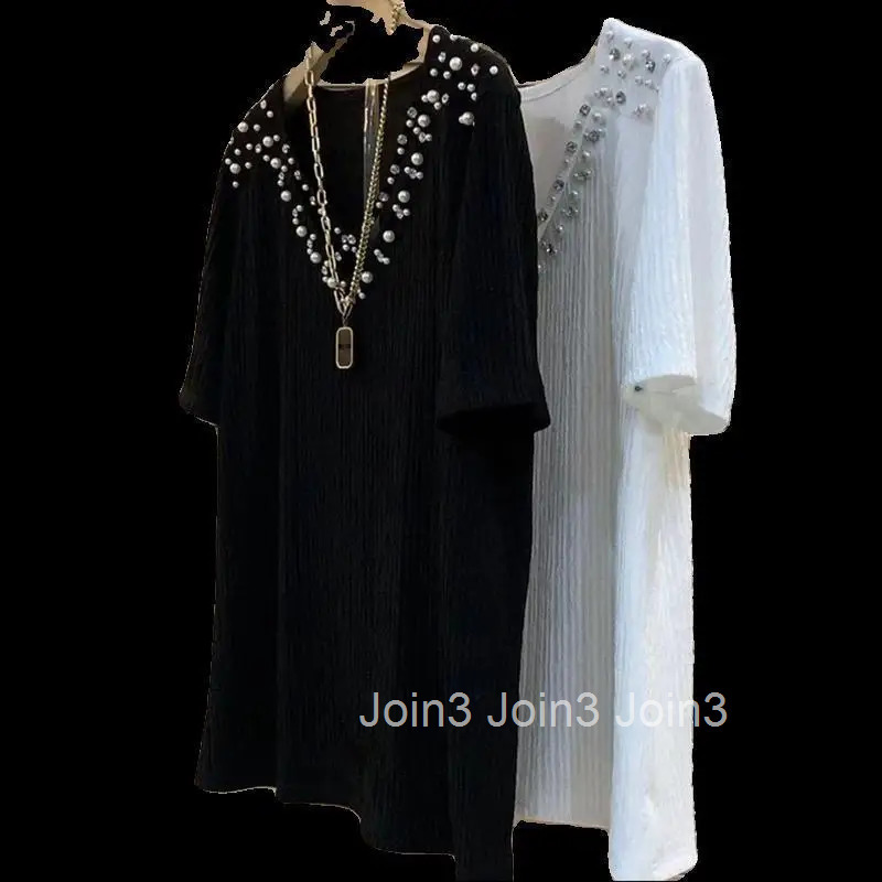 2025 Womens Clothes Oversized T Shirts Y2k Tops V-neck Beading Short Sleeve Tees Fashion Summer Camisetas Casual White T-shirt