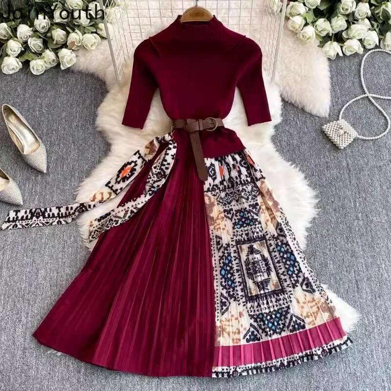 Contrast Color Floral Dresses Women Stand Neck Short Sleeve Temperament Robe Femme 2025 Vestidos De Mujer Knitted Pleated Dress