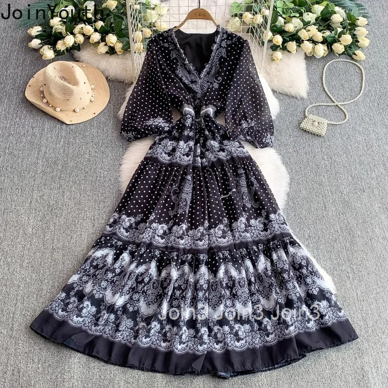 Elegant Print Dress Women V-neck Ruffles Lantern Sleeve Robe Femme 2025 Vestidos De Mujer Vintage Big Swing Summer Maxi Dresses