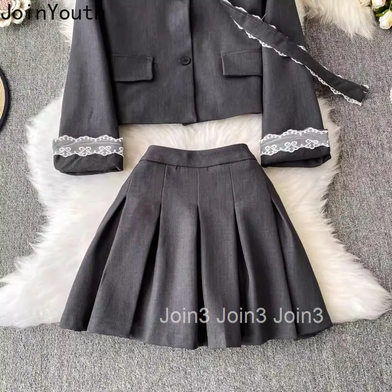 Temperament Two Piece Sets 2025 Womens Clothing V-neck Patchwork Lace Jackets High Waist A-line Pleated Mini Outfits Chic Suit