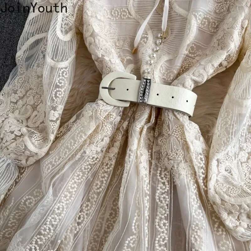 2025 Vestidos De Mujer Vintage Maxi Dress for Women Bandage O-neck Long Sleeve Robe Femme Chic Embroidery Lace Elegant Dresses