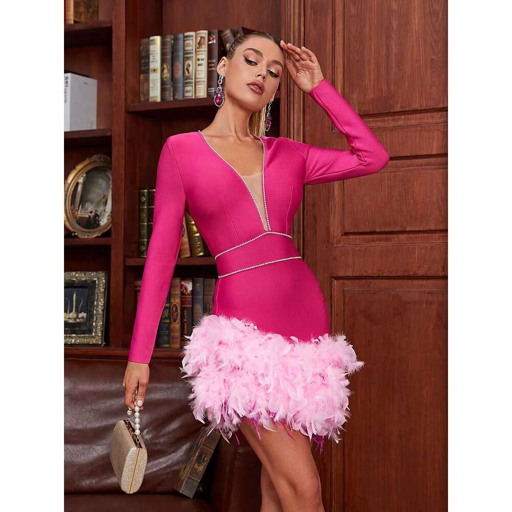 White Skirt Maxi Skirt Feather Mini Evening Gown Bandage French Deep V Splicing Rhinestone Long Sleeve Short Dress Long Skirt