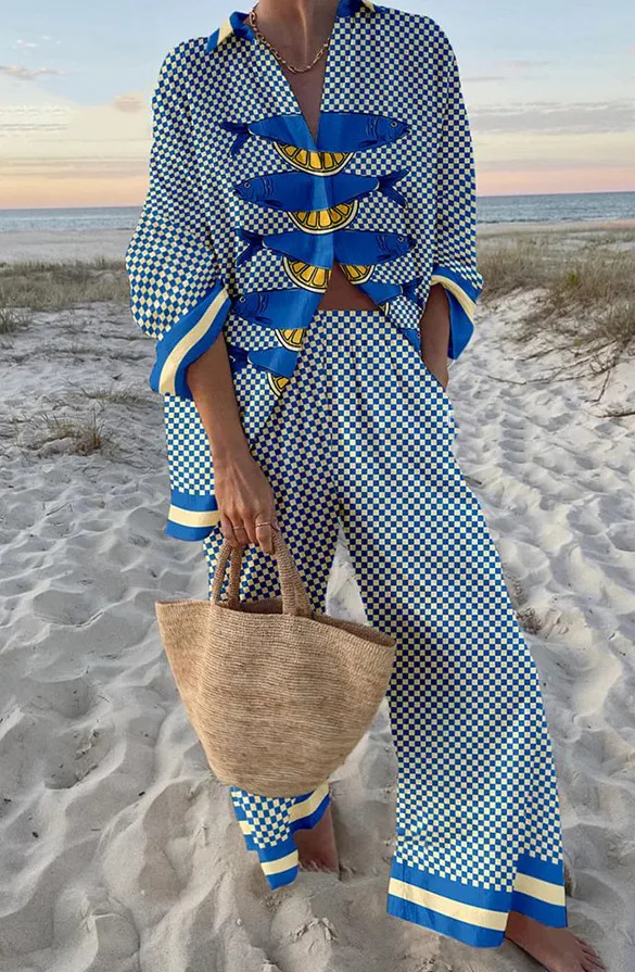 Fashion Casual Printed 2 Piece Set Loose Lapel Long Sleeve Button Shirt High Waist Wide Leg Pants Suit Spring Vacation Style 250617