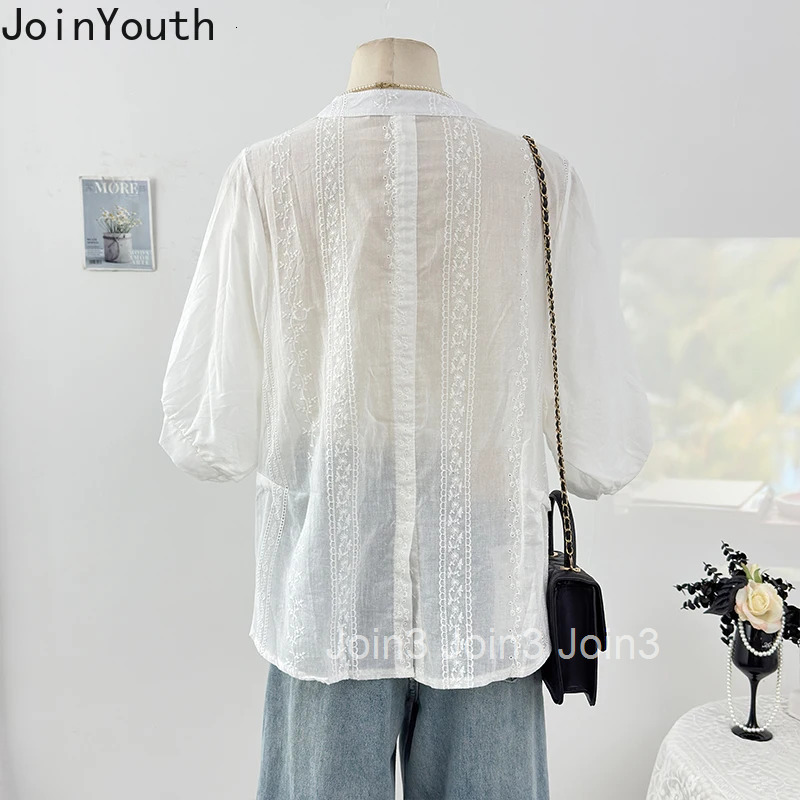 Chic Blouses 2025 Women Clothing Camisas De Mujer 3D Floral Lantern Sleeve Summer Shirts Embroidery Hollow Out White Tops Female
