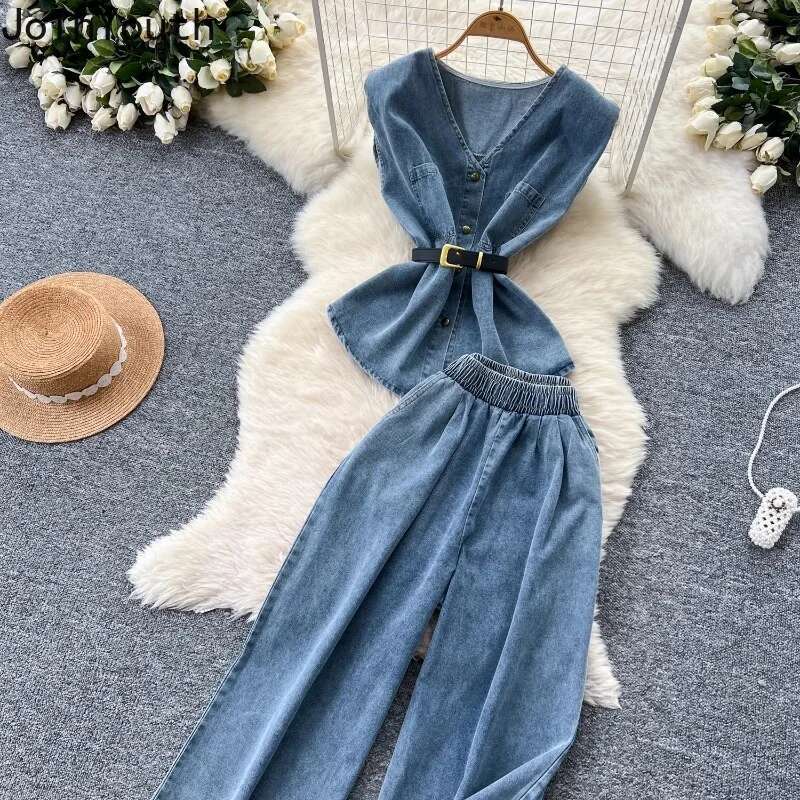 Chic Women Clothing Denim 2 Piece Sets V-neck Sleeveless Vest Tops Straight High Waist Wide Leg Pants Suit Casual Summer Outfits