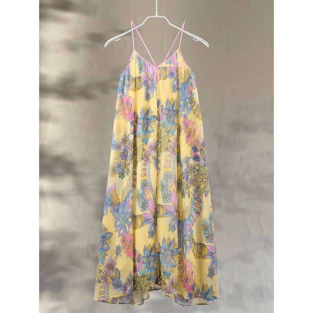 Print Floral Women's Dress Halter V-neck Sleeveless Hollow out Straight Female Dresses 2025 Summer Elegant Vacation Lady Robe