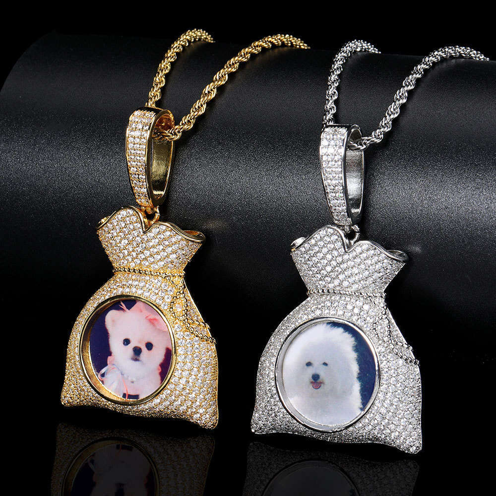 Hip Hop Photo Frame Pendant Micro Paved Zircon Money Bag Creative DIY Personalized Necklace 417e