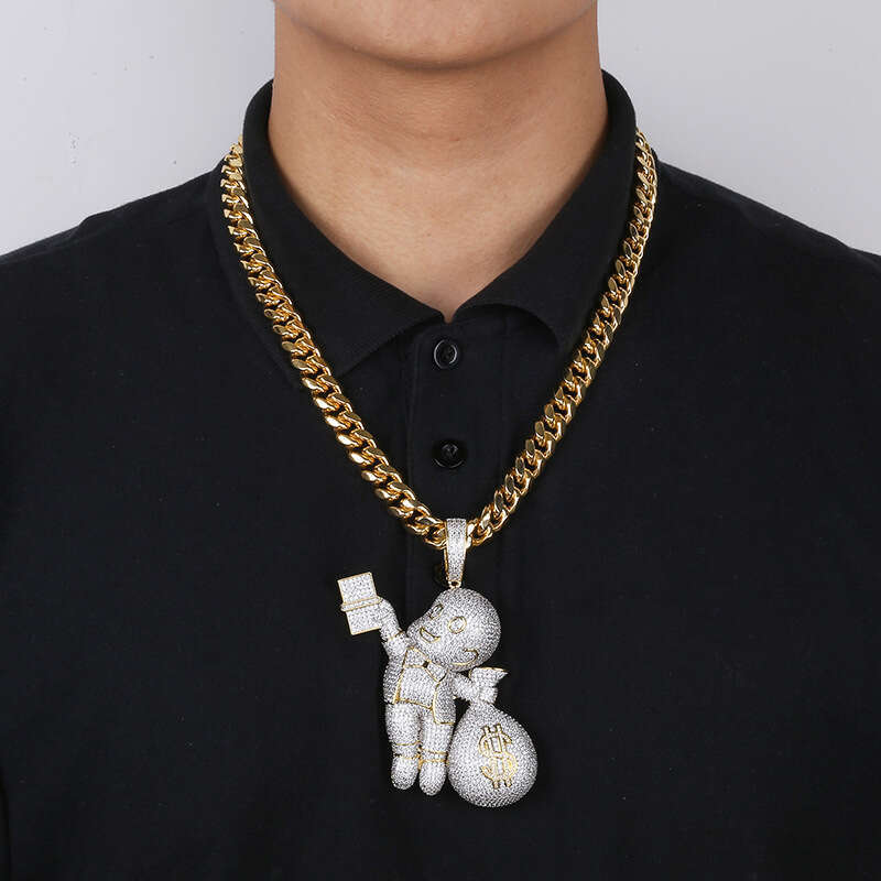 Hip Hop Money Bag Character Personality Large Pendant Micro Paved Zircon Men's Trendy Jewelry