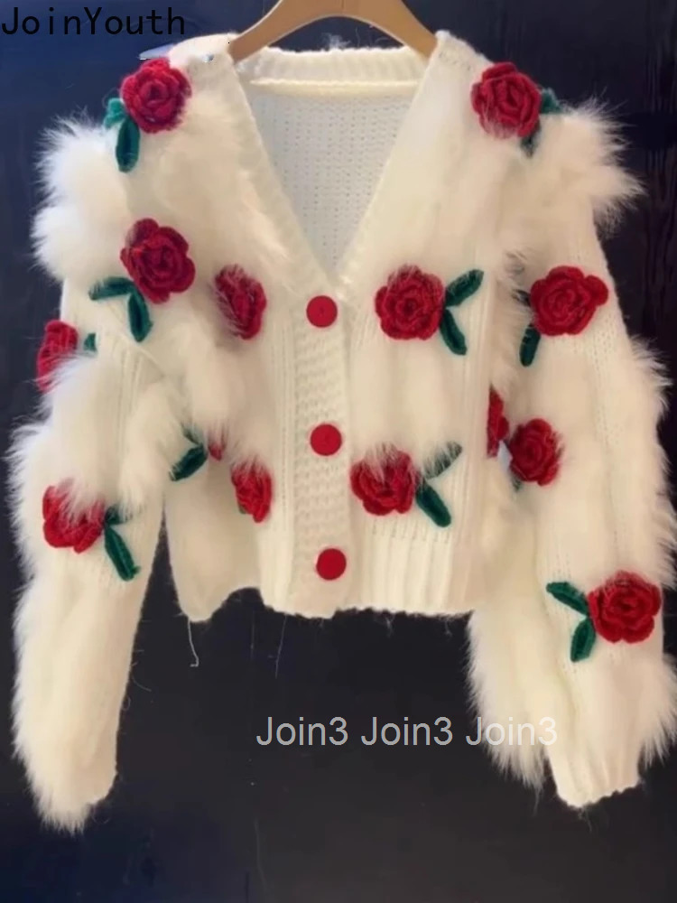 Sweet Sueter Mujer Women Sweater Coat V-neck 3D Floral Knitted Cardigan Tops Fashion Korean Pull Femme 2025 Fall Winter Clothing