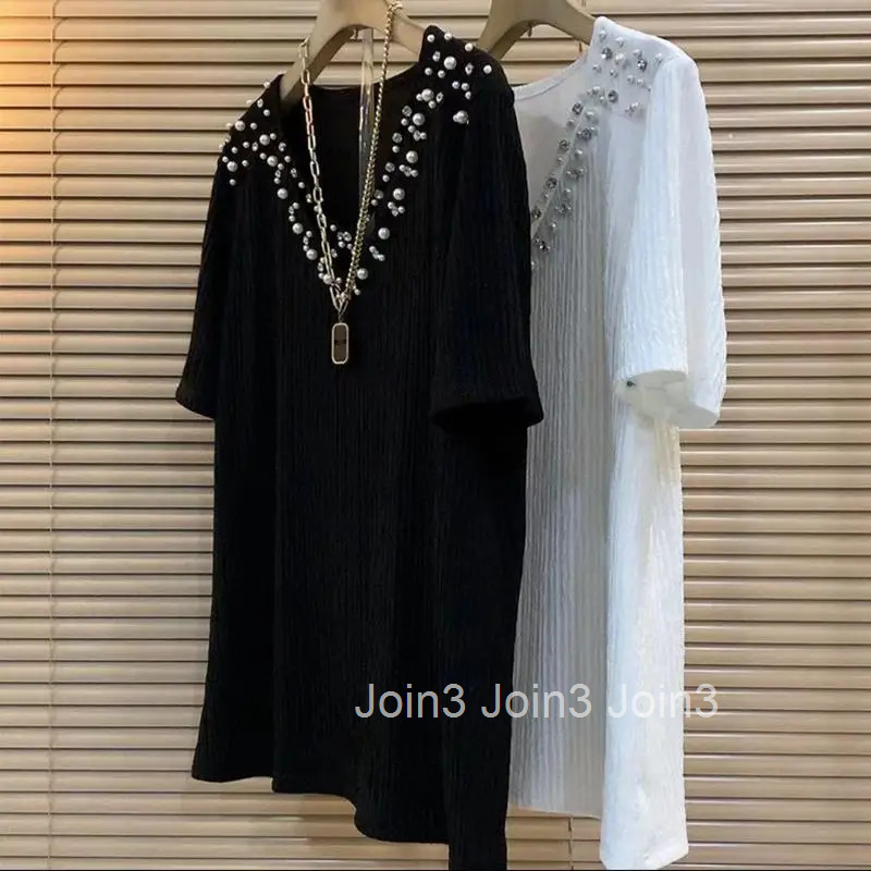 2025 Womens Clothes Oversized T Shirts Y2k Tops V-neck Beading Short Sleeve Tees Fashion Summer Camisetas Casual White T-shirt