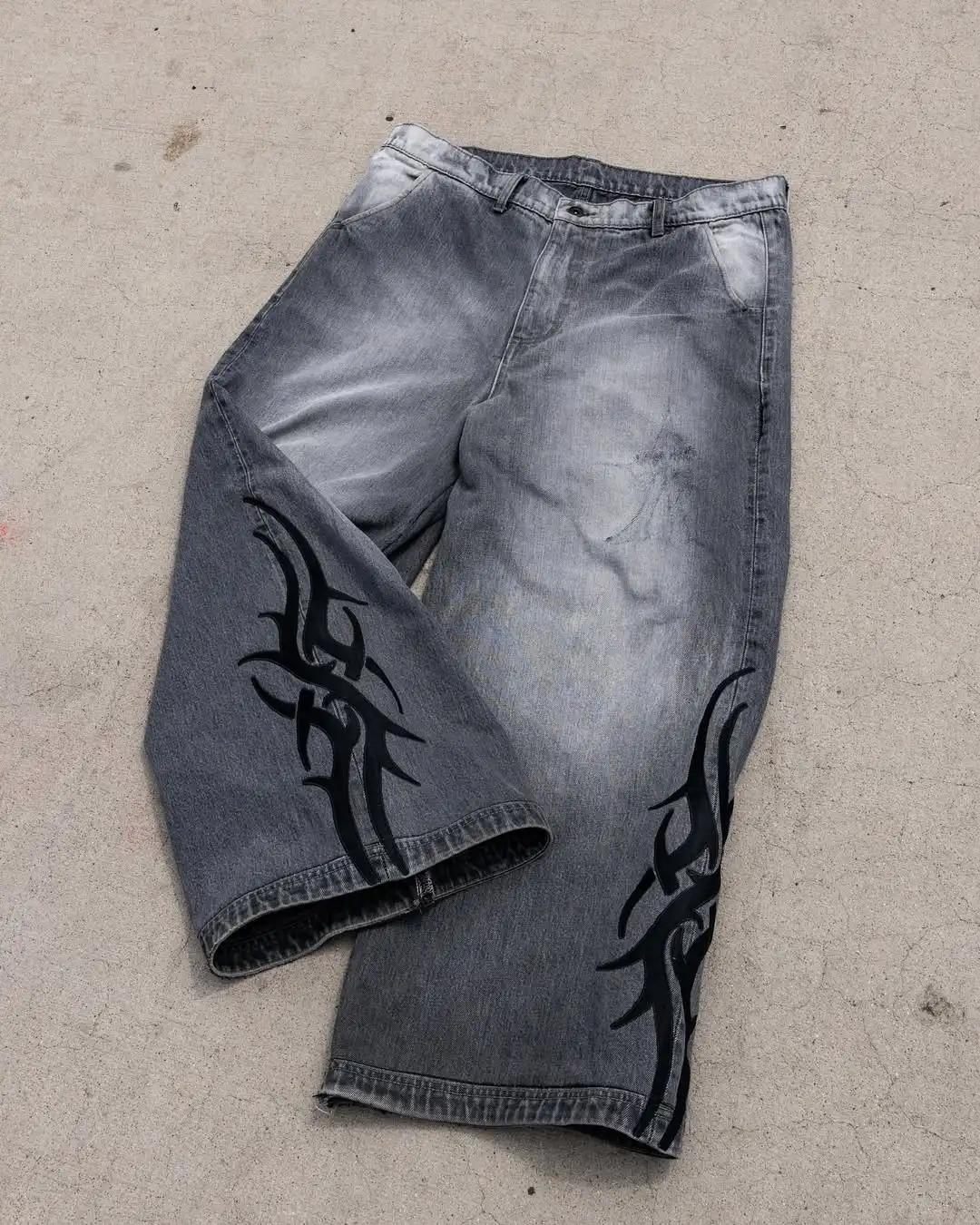Flame Pattern Splicing Creative Three-dimensional Washing Retro Wide-leg Straight Jeans Mens Street Hip-hop Floor Pants 250617