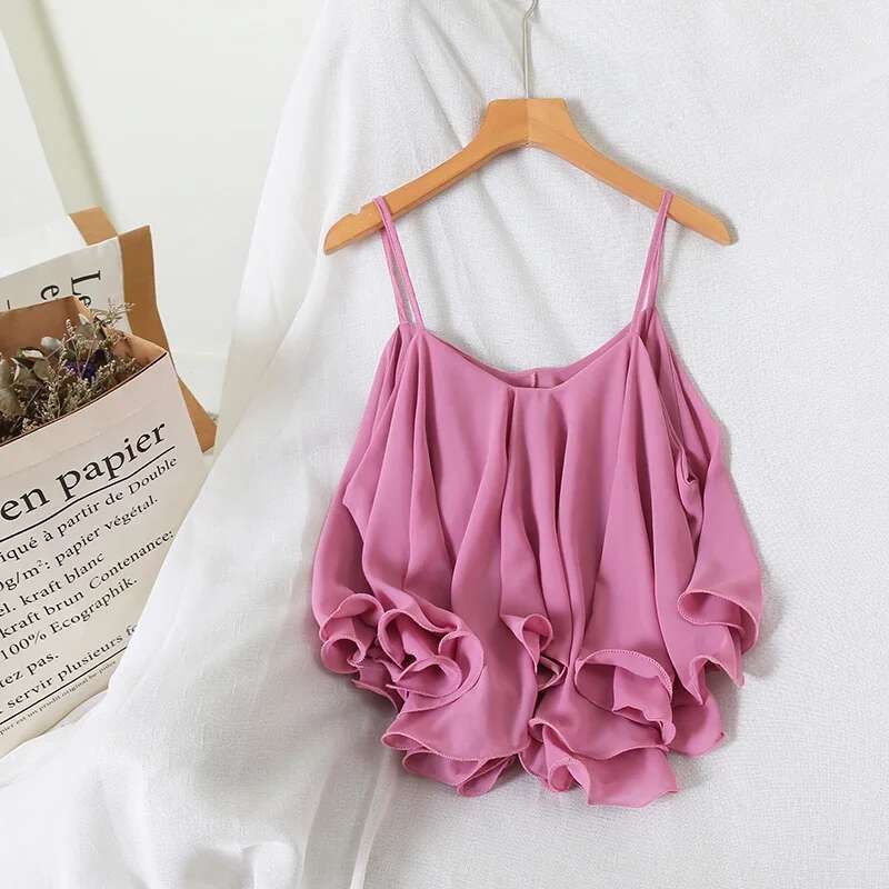 Joinyouth Women Chiffon Sling V-neck Tank Tops Korean Sleeveless Double Ruffle Vest 2020 Summer Beach Style Solid Camis 58437
