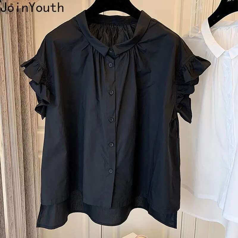 Vintage Blouse for Women Cotton Casual Shirts Ruffles Short Sleeve Blouses Ladies Tops Loose Summer Blusas Mujer De Moda 2025