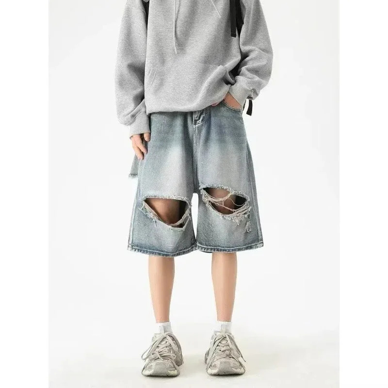 Ripped Retro Jeans American Straight Wide-leg Pants and Five-point Pants Shorts Blue Shorts for Men Jort Clothing Leggings 250617