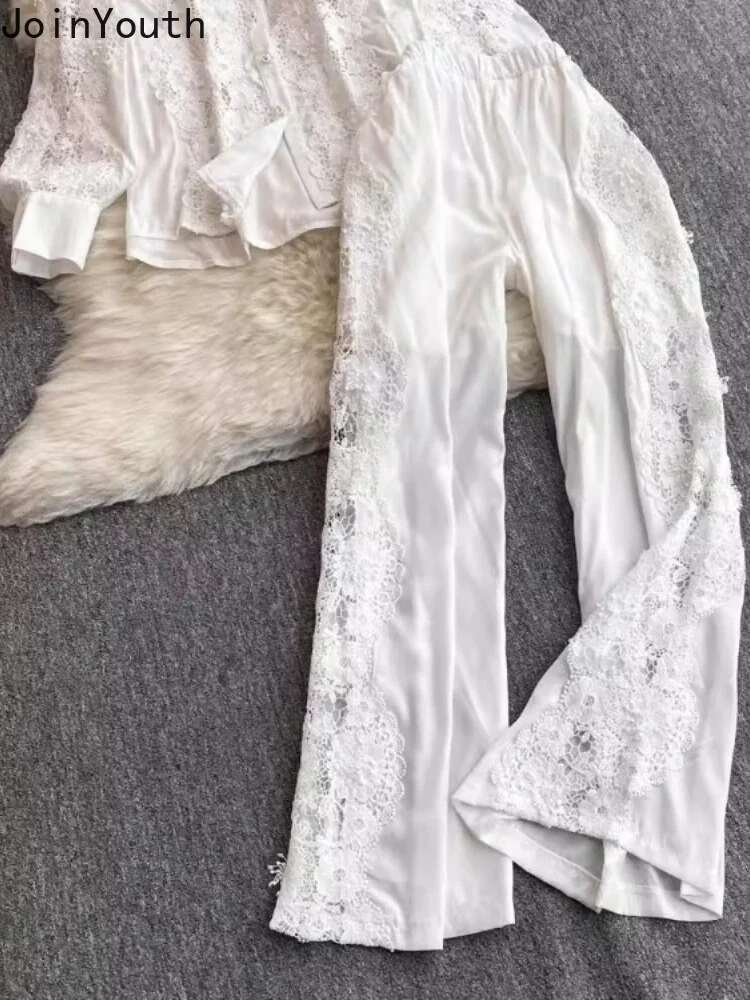 Women Clothing Temperament 2 Piece Sets Long Sleeve Loose Blouses Elastic High Waist Wide Leg Pants Outfits Hollow Out Lace Suit