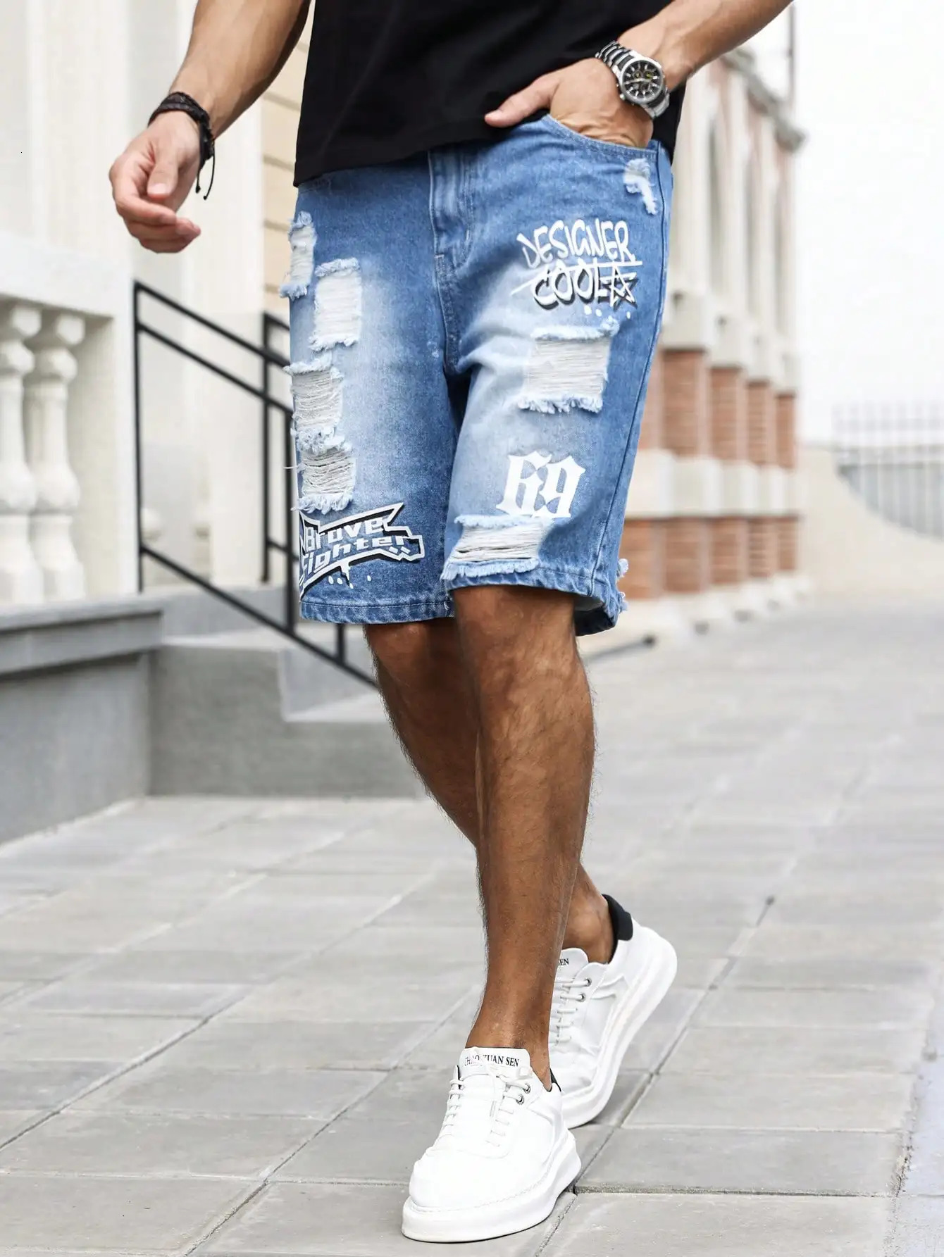 Mens Summer Blue Ripped Printed Denim Shorts. Trendy ripped . Stylish text prints. 250617