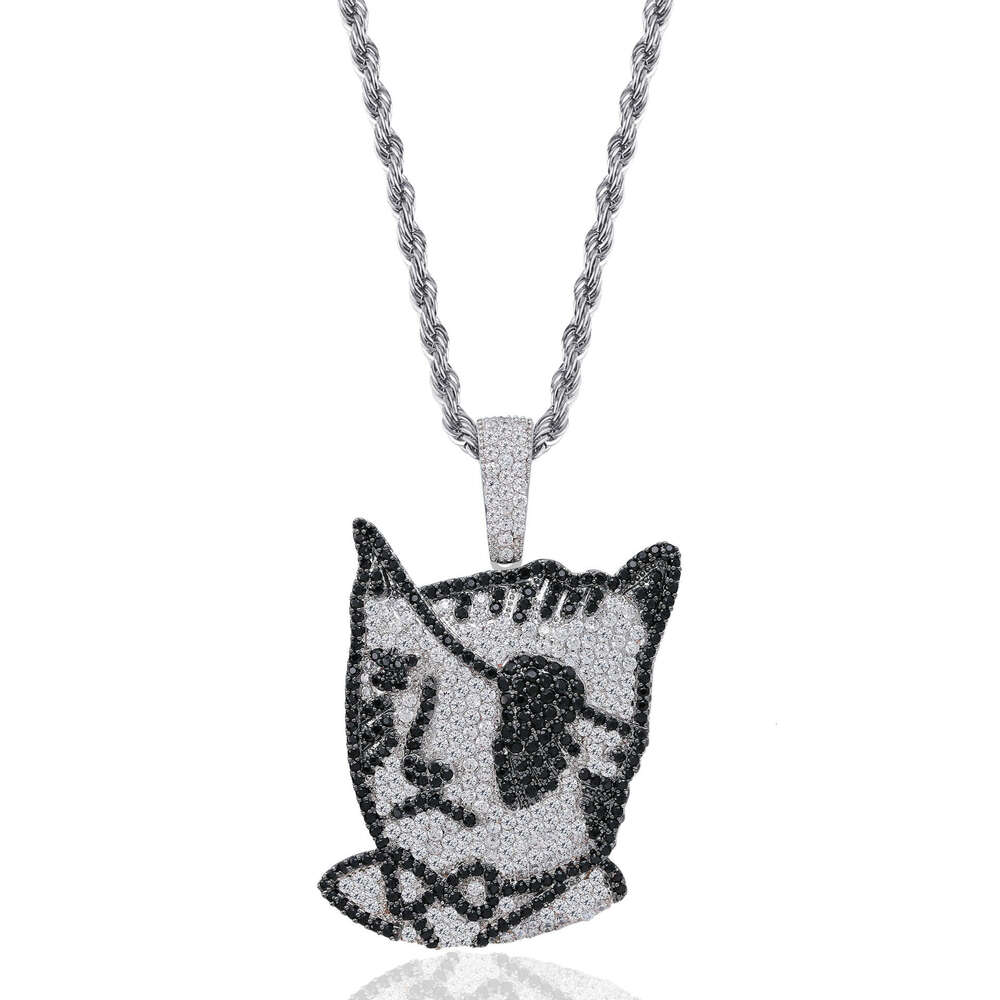 Jin Ao New Pirate One-Eyed Cat Personality Cartoon Hip-Hop Pendant Full Zircon Black and White Necklace Jewelry