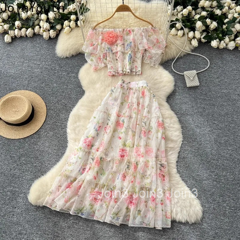 Sweet Two Piece Sets 2025 Women Clothing Slash Neck Puff Sleeve Crop Tops High Waist Big Swing Skirt Outfits Summer Print Suit