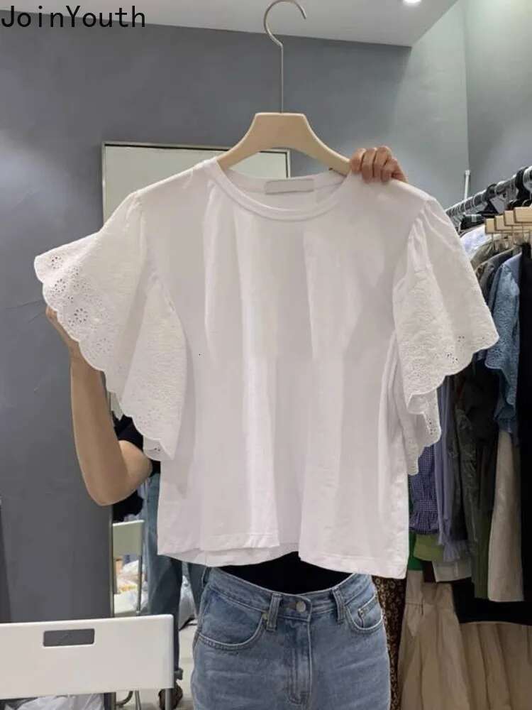 Shirts for Women Fashion Korean T Shirts Patchwork Lace Flying Sleeve Tees 2025 Ropa Mujer Y2k Tops Casual Summer Crop Tshirt