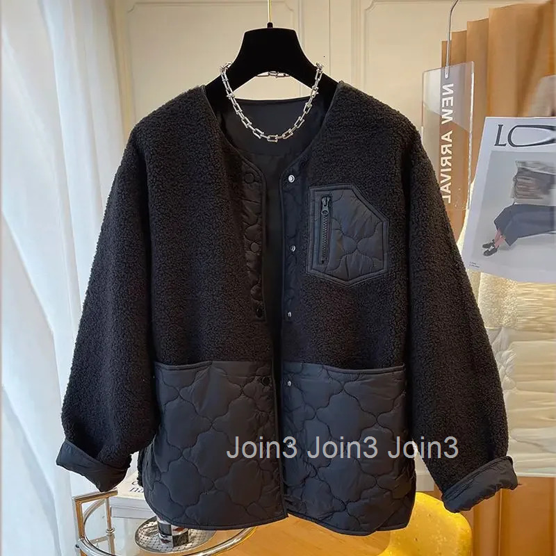 Fashion Jackets Winter Clothes Women O-neck Patchwork Lamb Wool Outwear Oversized Tops Casual Thicked Y2k Coats 2025 Ropa Mujer