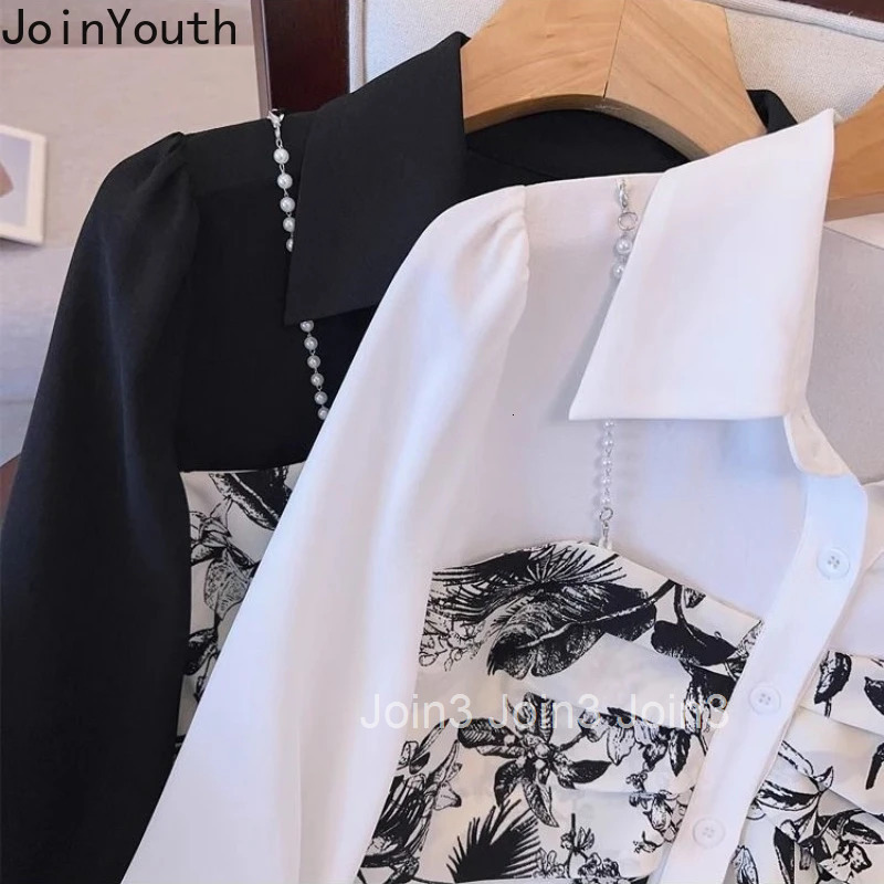 Fake Two Women Shirts 2025 Camisas De Mujer Long Sleeve Patchwork Print Blouses Beading Fashion Korean Blouse Tops Female 27y433