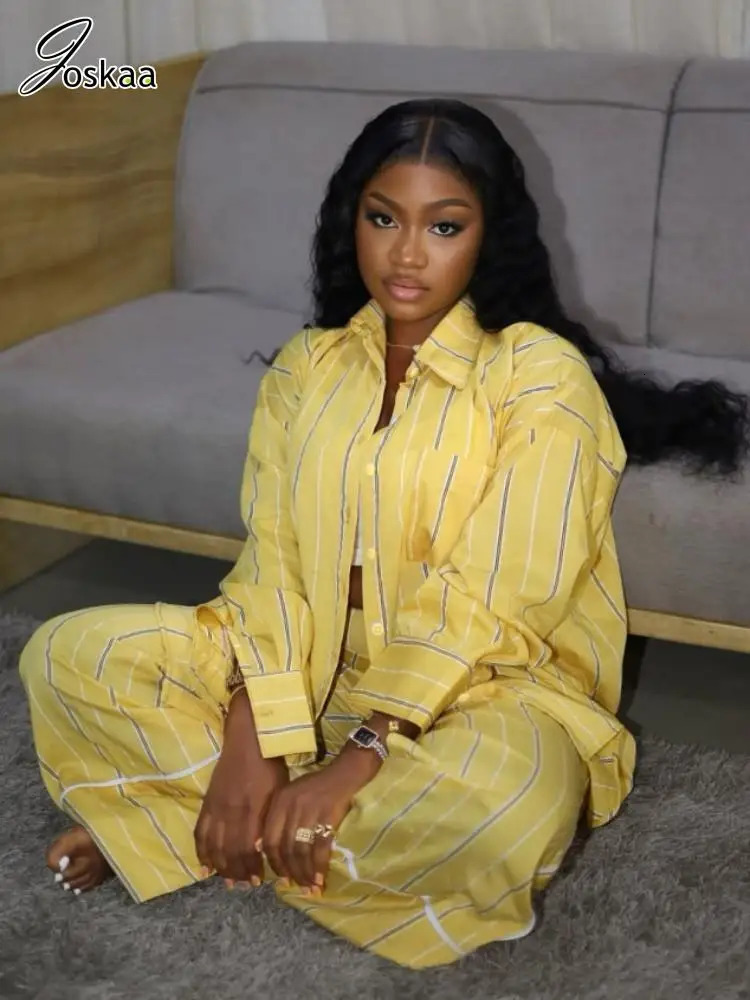 Joskaa Striped Print 2 Piece Sets Women Hipster Long Sleeve Blouse Tops and Wide Leg Pants Matching 2025 Tracksuits Streetwear 250617