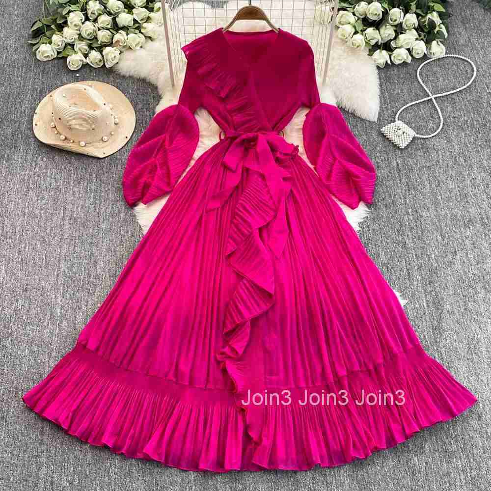 Temperament Robe Femme Ruffles Maxi Dress Women Clothes V-neck Slim Waist Big Swing Pleated Dresses 2025 Vestidos De Mujer