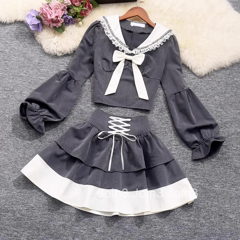 Women Clothing Two Piece Sets Preppy Style Lace Sailor Collar Bow Crop Shirt Bandage A-line Mini Skirt Outfits Sweet Korean Suit