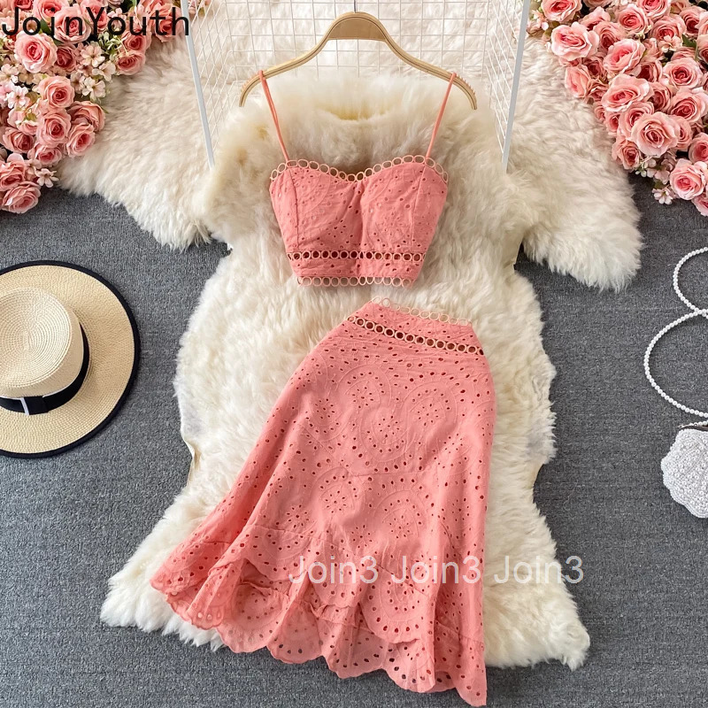 Skirt Outfits Women 2025 Sexy Chic Sweet 2 Piece Sets Roupas Femme Backless Crop Vest High Waist Bodycon Hollow Out Summer Suit
