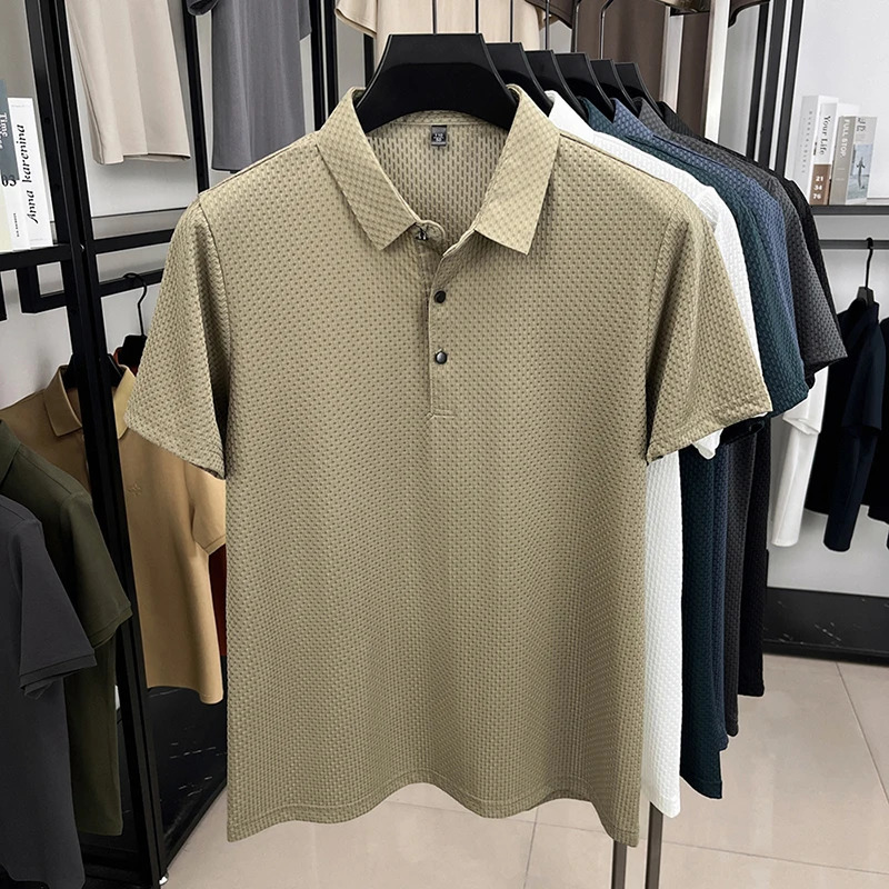 Personalized waffle short sleeve polo shirt summer high-end ice silk breathable and comfortable solid color lapel T-shirt 250618