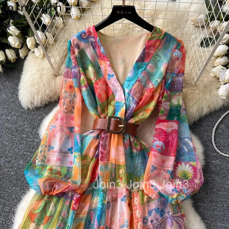 2025 Vestidos De Mujer Maxi Dress for Women V-neck Lantern Sleeve Chiffon Robe Femme Slim Waist Floral Big Swing Summer Dresses