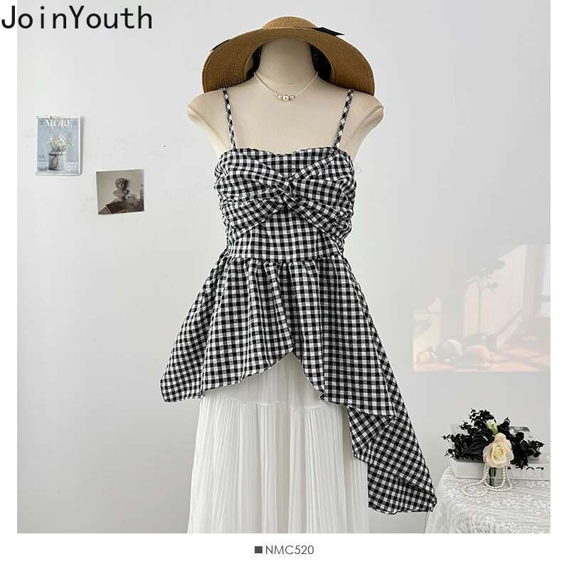 Summer Tees Ruffles Irregular Tanks Womens Clothing Korean Camis Crop Tops Tunic Fashion Plaid Folds Sweet Vest 2025 Ropa Mujer