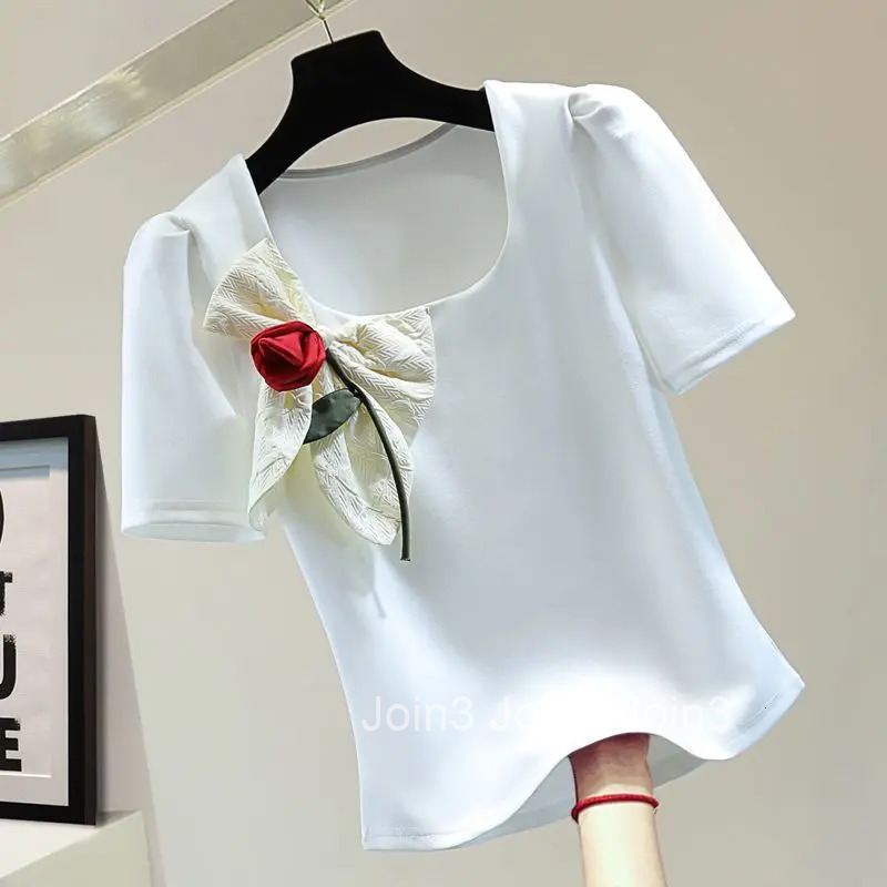 White Woman T Shirts Square Collar Puff Sleeve Tunic Tees Fashion Korean Camisetas 2025 Ropa Mujer Bow Sweet Summer T-shirt Tops