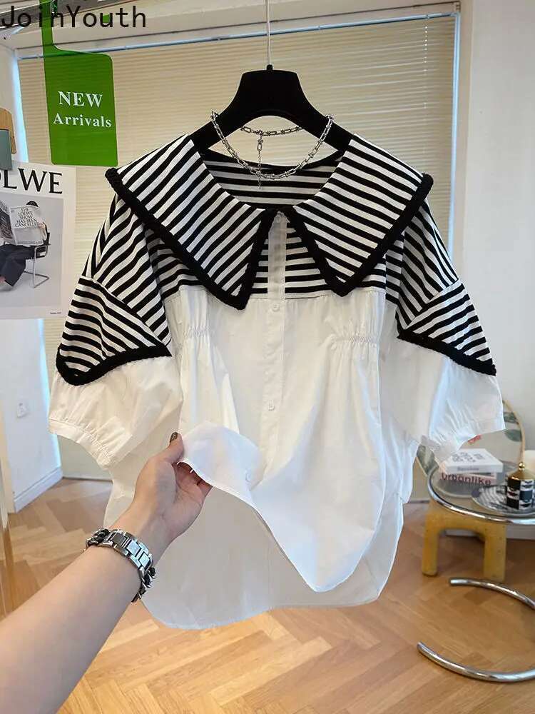 Contrast Color Blouse for Women 2025 Blusas Mujer De Moda Patchwork Loose Summer Shirts Peter Pan Collar Fashion Blouses Tops