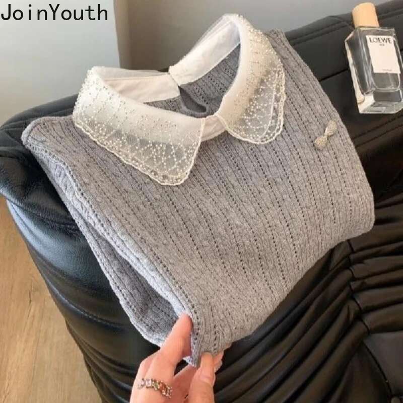Lace Peter Pan Collar Sweet T Shirts Womens Clothes Chic Vintage Tees Casual Knitted Tshirt Short Sleeve Solid Color Camisetas