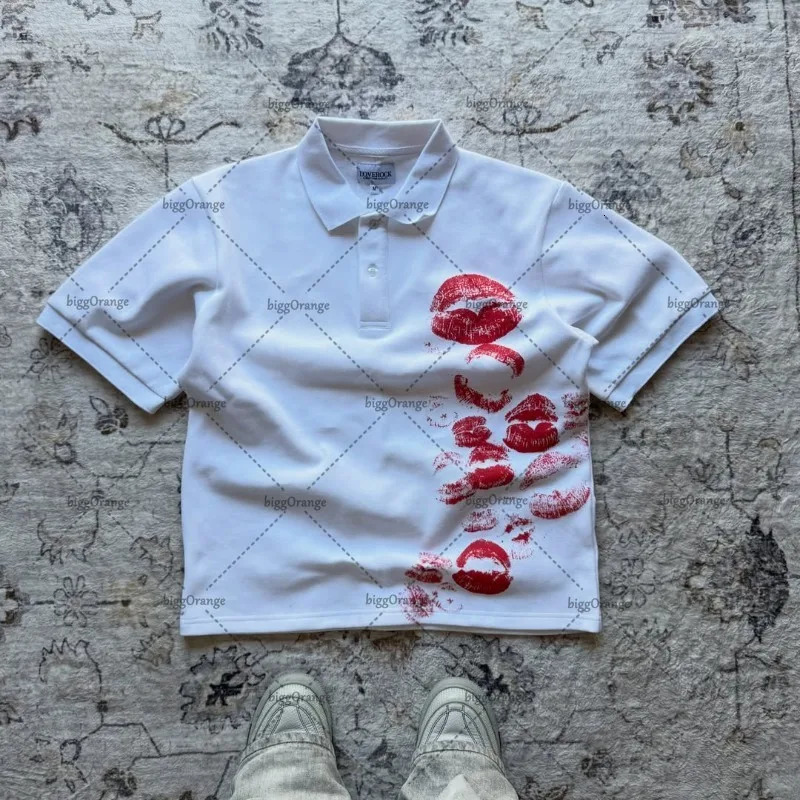 Retro Harajuku Goth Punk Oversized Cotton Lapel T-shirt Men Y2k Summer Streetwear American Hip-hop Casual Trendy Polo Shirt 250617