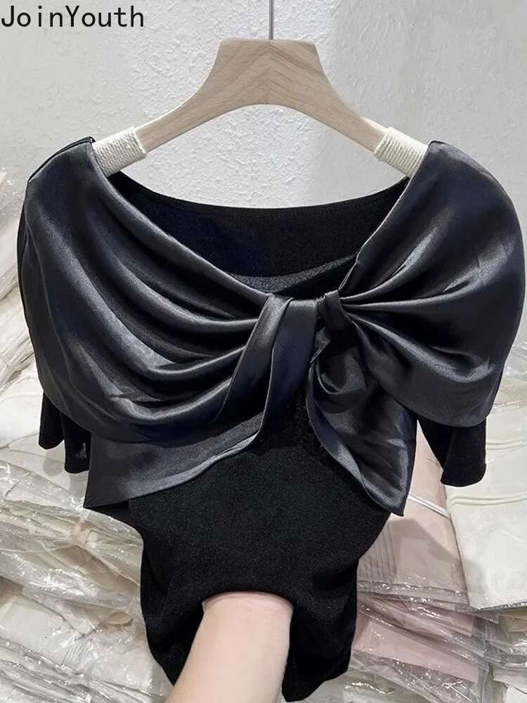 2025 Women Clothing Temperament Tshirts Crop Tops Bow Short Sleeve Tunic Tees Slash Neck Korean Camisetas Chic Summer T-shirt