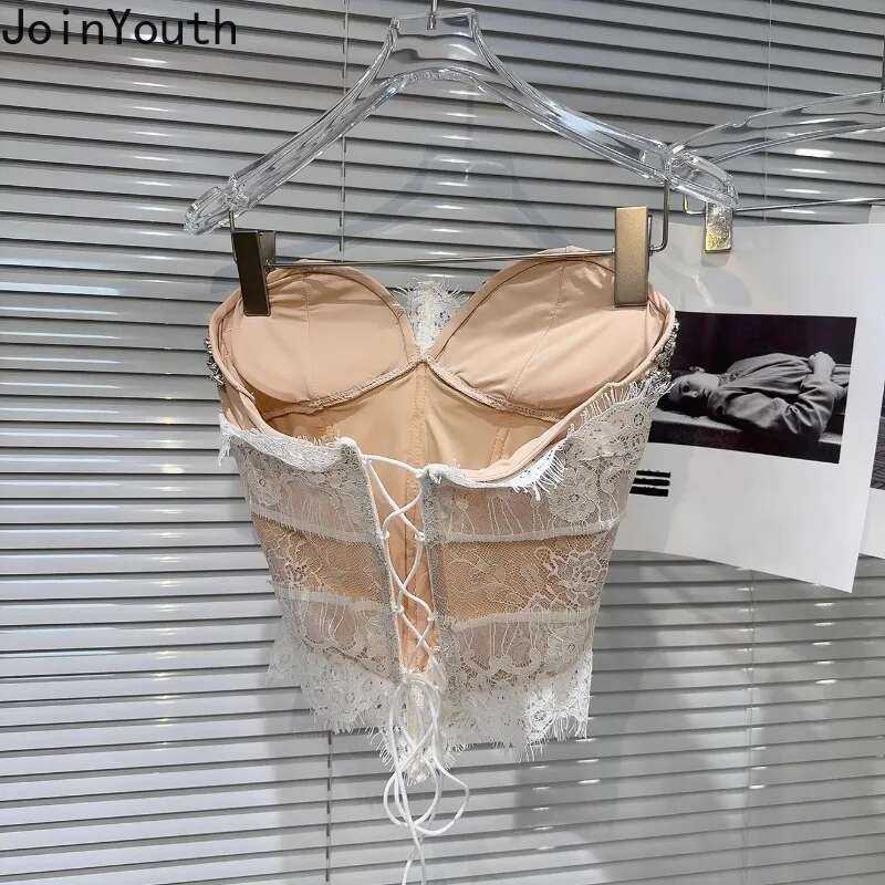 Fashion Tanks Women Heavy Diamond Slim Waist Tees Patchwork Lace Bandage Sexy Vest Crop Tops Backless Y2k Camis 2025 Ropa Mujer