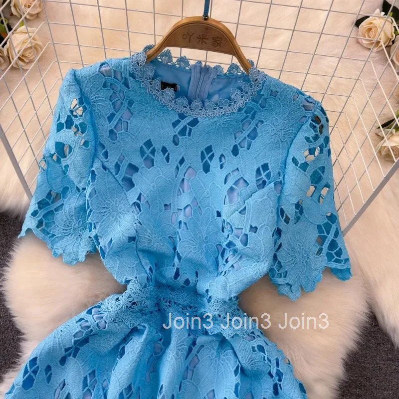 Sweet O-neck Lace Blue Dress Women Summer Slim Waist A-line Dresses Short Sleeve Mid-length Vestidos Mujer Vintage Robe Femme
