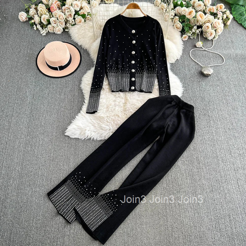 Pants Suit Vintage Two Piece Sets Womens Outfits Diamond Knitted Cardigan Coats High Waist Straight Wide Leg Pants Sets 63b188
