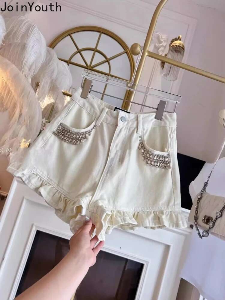 Korean Fashion Y2k Shorts for Womens High Waist Slim Fit Diamond Ruffles Wide Leg Pants Casual Summer Ruffles Pantalon Femme