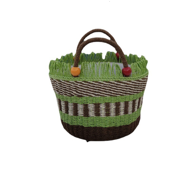 New Straw Designer Shoulder Bag Women's Free Shipping Picnic Basket Tassel Wood Bead Decoration Cute Handbag Bucket Bag Gift