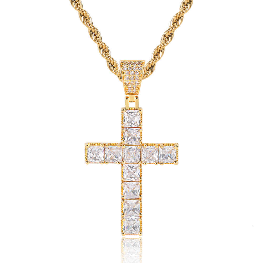 Square Zircon Cross Necklace Personality Hip-Hop Accessories Trendy Pendant 5526