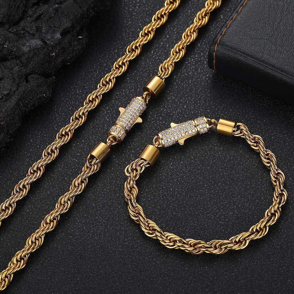 6mm Stainless with Dia Buckle, Twist Chain Men's Necklace, Hip-Hop Jewelry, Titanium Steel Bracelet d10c