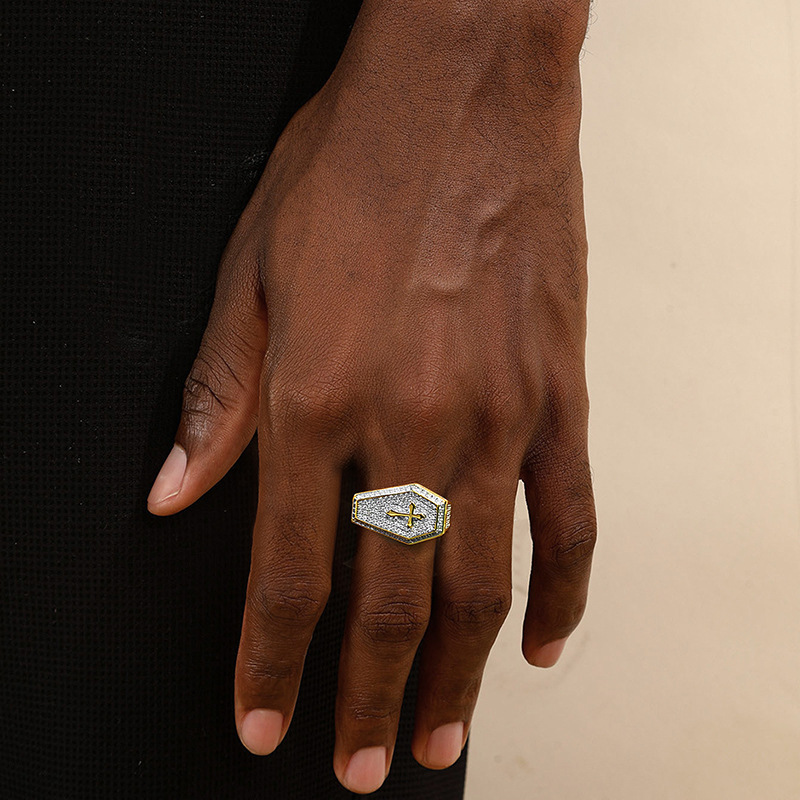 Luxury Jewelry Designer Brand Trendy Cross Cubic Zirconia Hip Hop Men's Hexagonal Full Diamond Personalized Bold Moissanite Ring
