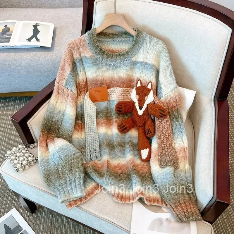 Anime Sweater Women Winter Clothing Korean Jumper Sueter Mujer O-neck Thicked Knitted Pullovers Tops Fashion Striped Pull Femme
