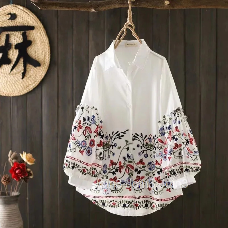2025 Blusas Mujer De Moda Womens Clothing Vintage Blouse Chic Embroidery Floral Long Sleeve Shirts Lantern Sleeve White Tops