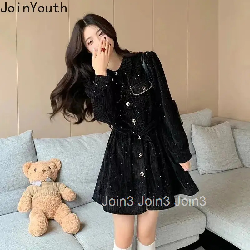 Vintage Temperament Robe Femme Black Dresses for Women Slim Waist Bandage A-line Long Sleeve Dress 2025 Vestidos De Mujer 27s746